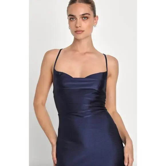Lulus Iconic Allure Navy Blue Cowl Neck Lace Up Ruched Maxi Dress Stretch XS NWT - Picture 4 of 13
